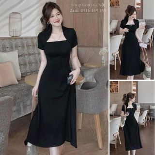 Đầm cổ vuông tay ngắn ôm eo dáng xòe, Váy ôm sát eo tay ngắn cổ vuông zip thái VAHA1234