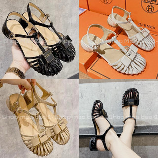 Sandal giọ miu nơ ngang mũi tròn gót thấp fullbox hàng quảng châu cao cấp