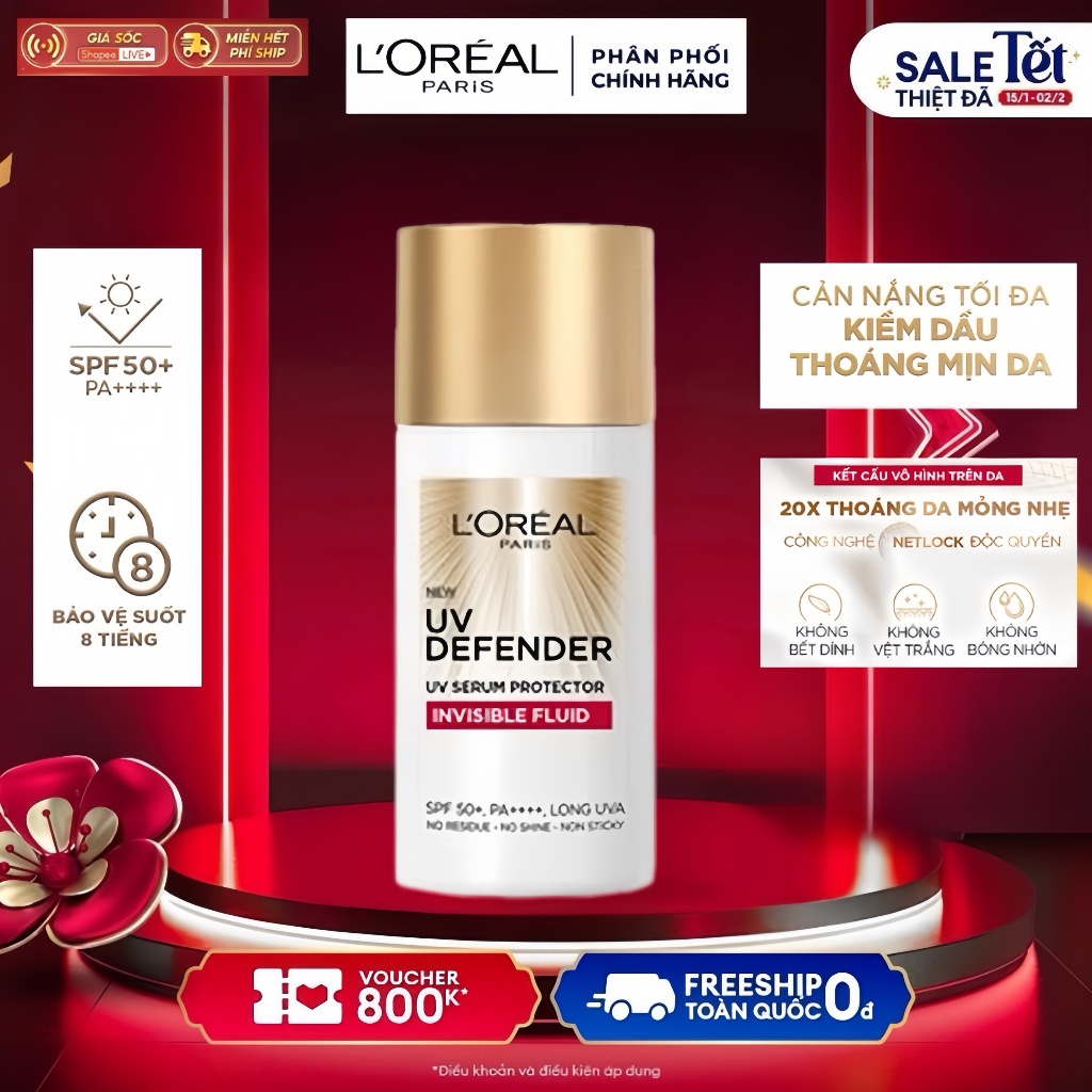 Kem Chống Nắng x20 Thoáng Da Mỏng Nhẹ Làm Sáng Da, Mờ Thâm Nám L'Oreal Paris UV Invisible Fluid 50ml SPF 50++