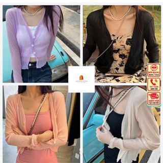 Áo Cadigan Croptop Nữ, Áo Khoác Mỏng Dài Tay Dệt Kim Chất Nhún Phong Cách Hàn Quốc Siêu Cute Phối Áo 2 Dây Shopquacam