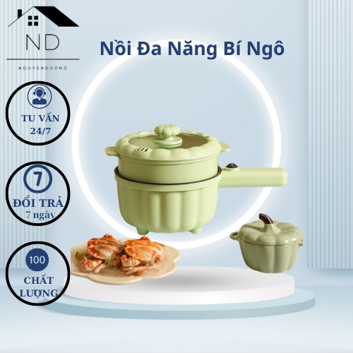 Nồi Điện Mini Đa Năng , Nồi Bí Ngô 2 Tầng Kèm Xửng Hấp, Dung Tích 2L Tự Động Ngắt Điện ND NguyengDuong Store