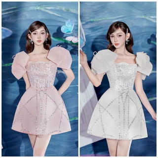 đầm chữ a tiểu thư nơ vai đính kim sa dự tiệc
