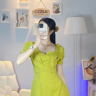 [Ảnh/Video thật] Đầm Midi Dài Xanh Cốm Tiểu Thư Cổ Đắp Chéo Kiểu Tôn Dáng