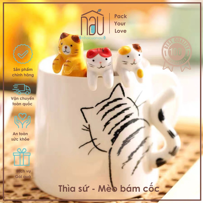 Thìa sứ bám cốc hình mèo dễ thương 11cm phù hợp uống trà, cafe, làm quà tặng sinh nhật, quà cho bé