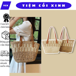 Túi cói Bucket pha màu dây da có khoá kéo