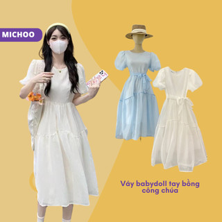 Váy Babydoll Maxi Tay Bồng 2 Lớp MICHOO Voan Màu Xanh Trắng