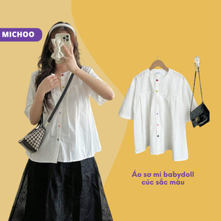 Áo Sơ Mi Babydoll Dáng Thụng MICHOO Cổ Tròn Cúc Sắc Màu