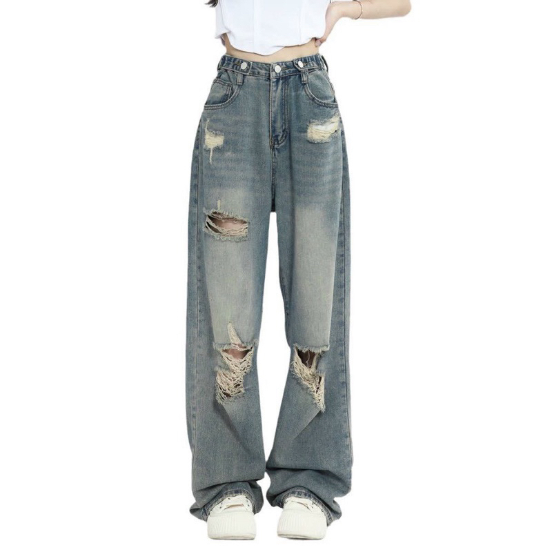 Set Baggy Jeans Ống Suông Xám Rách Mix áo rút dây tim