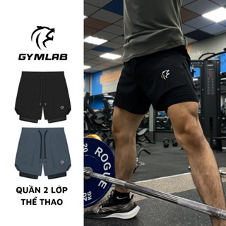 Quần short tập gym nam 2 lớp Gymlab, quần ngắn thể thao màu Đen, Xám form trên gối chất vải thoải mái thoáng mát