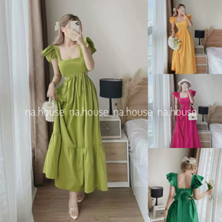 Đầm khoét eo cánh tiên dáng dài cột nơ lưng Nahouse maxi đi biển hở lưng màu xanh hồng vàng thiết kế đẹp xinh xịn sang