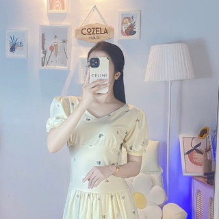 Đầm Maxi Cổ V Hoa nhí 2 Lớp, Váy Thiết Kế Dự Tiệc Bánh Bèo