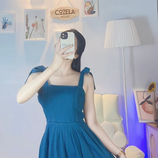 [Ảnh/Video thật] Đầm Váy Jean Bò Cổ Vuông Hai Dây Tiểu Thư