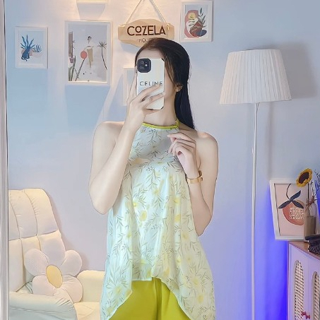 Sét bộ áo yếm hở lưng cột dây ,áo yếm tơ lụa QC cao cấp mix quần ống rộng 2 màu xanh ,thanh lịch xinh xắn