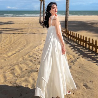 Đầm trắng maxi 2 dây thắt bính suông dài trơn basic bầu bí nhỏ mặc được