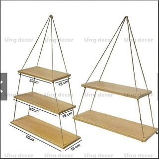 Kệ gỗ treo tường decor treo bằng dây 2 tầng, 3 tầng decor trang trí nhà cửa màu trắng và màu gỗ 100% ƯNGDECOR