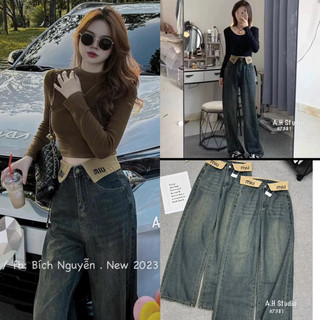 Quần jeans cạp cao phối màu thêu chữ”miumiu”.q7397