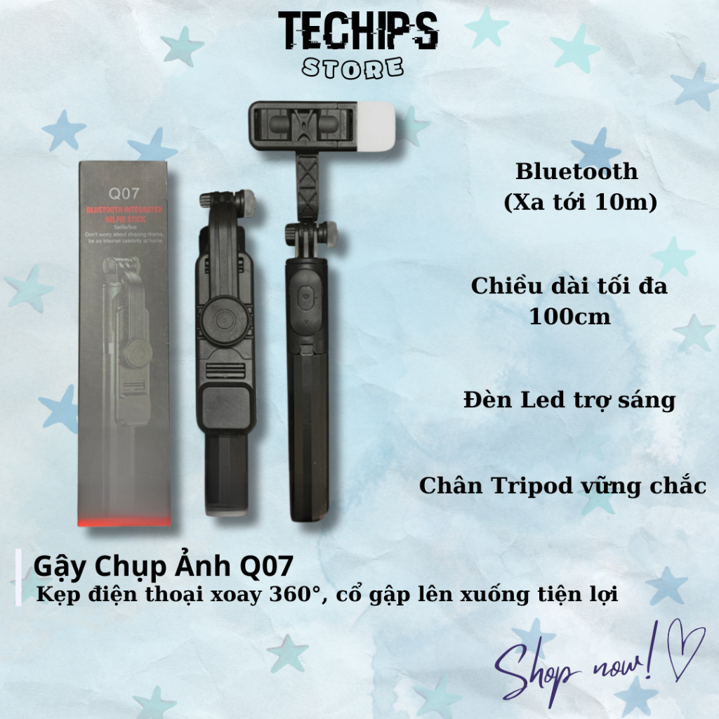 Gậy Chụp Ảnh Q07 Có Đèn Led Trợ Sáng, Kèm Remote Bluetooth, Xoay Nhiều Góc Độ, Tripod Đa Năng, Giá Đỡ Livestream