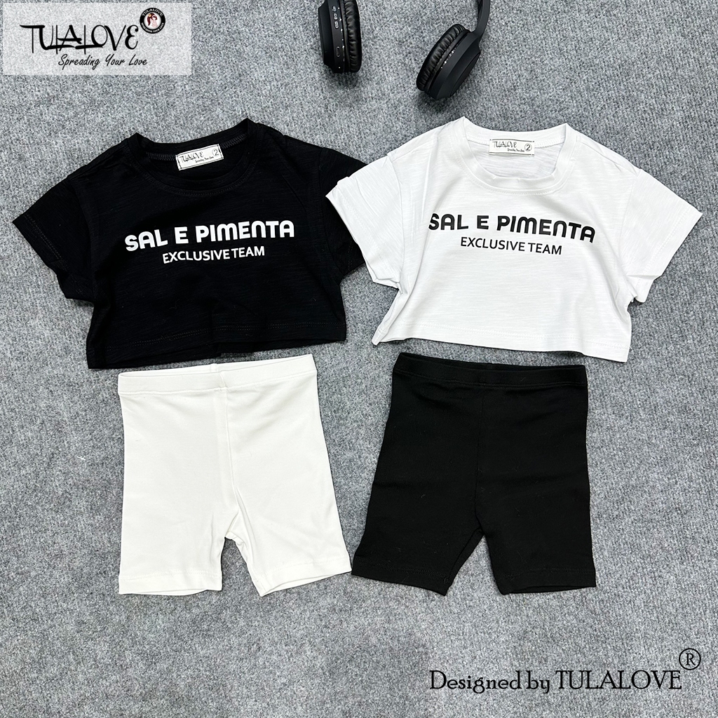 Áo Croptop Rộng Hình In Vải Cotton, Quần Legging Đùi Cho Bé Gái, Phối Set Tulalove