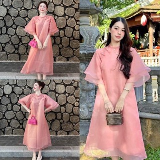  Váy công chúa suông dài cổ tàu sườn xám màu hồng cánh tiên sang chảnh Đầm tiểu thư dự tiệc sang chảnh 2 lớp đính nơ 