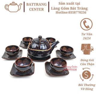 (CẨM LAI TÍM)Bộ Ấm Chén Pha Trà Hoả Biến Bát Tràng-Nghệ Nhân Nguyễn Văn Hải-ấm Kẻ Dọc
