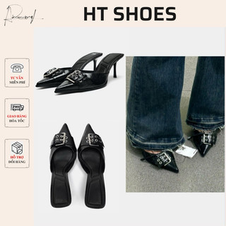Giày sandal cao gót Z mũi nhọn phối khoá độc lạ gót nhọn 6cm hở gót phong cách Retro cá tính trẻ trung Fullbox #5067