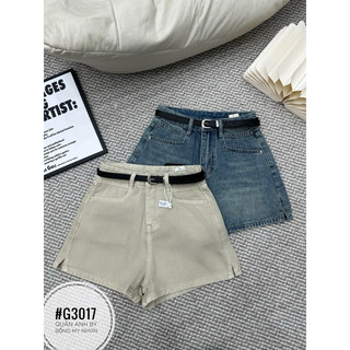 Quần sooc jeans trơn xẻ gấu kèm đai hàng QCL1