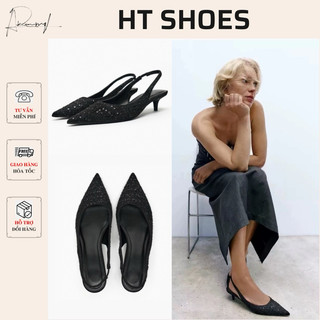 Giày sandal cao gót mũi nhọn chất liệu vải đính hạt cườm đế nhọn 3.5cm 7813-3