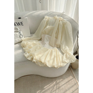Set áo voan nude cổ bèo thắt nơ cổ + chân váy ren