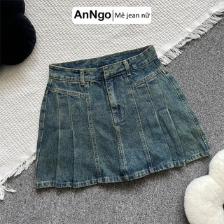 Chân váy jean nữ xếp ly thời trang có lót trong mềm mịn Anngo - AT407