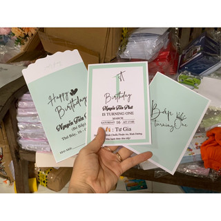 thiệp sinh nhật/ thôi nôi/ đầy tháng mẫu đơn giản HPBD XANH MINT. in sẵn thông tin cho khách