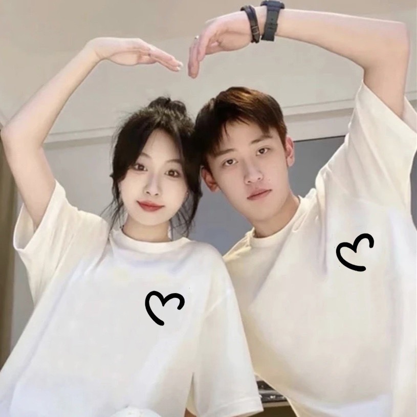 Áo thun đôi nam nữ in hình trái tim Basic, Áo phông cổ tròn from rộng unisex  chất vải cotton mát mịn