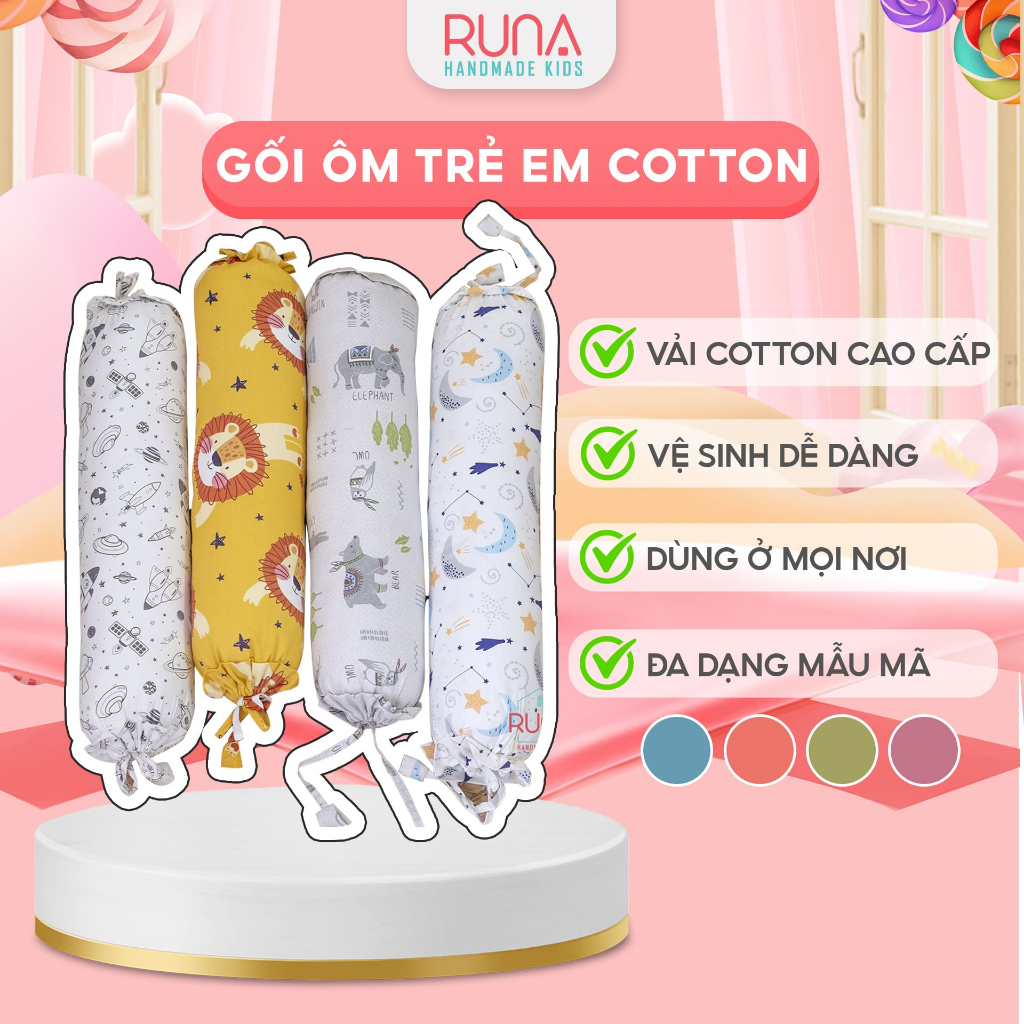 Gối ôm cho bé Runa Kids chất vải xô Muslin cao cấp thấm hút tốt thoáng khí kích thước 20x60cm