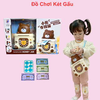 Két tiền mini cho bé đồ chơi két tiền hình túi gấu nâu có nhạc vui nhộn dây đeo tiện lợi chất liệu siêu xịn