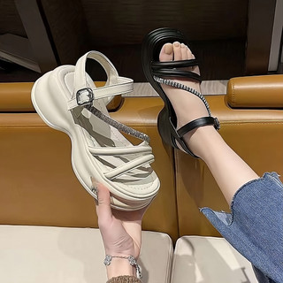 Dép sandal nữ quai hậu Azir quai da đính đá đế cao 6 cm