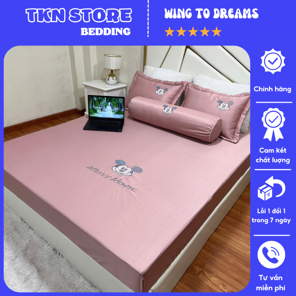 Bộ ga gối bo chun phi lụa đơn sắc thêu họa tiết mickey siêu xinh , Ga chun ga trải giường loại 1 kích thước 1m6 1m8 2m2