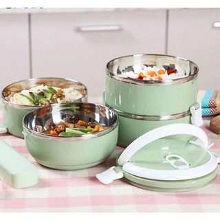 Hộp cơm giữ nhiệt 2 tầng Lunch Box - Cà men 2 tầng lúa mạch có quai xách tiện lợi, cao cấp