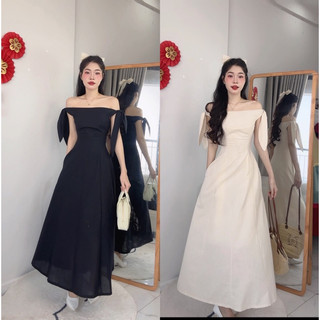 Đầm Trễ Vai Cột Nơ Tay Bồng Chấm Tiêu Bột Có Túi