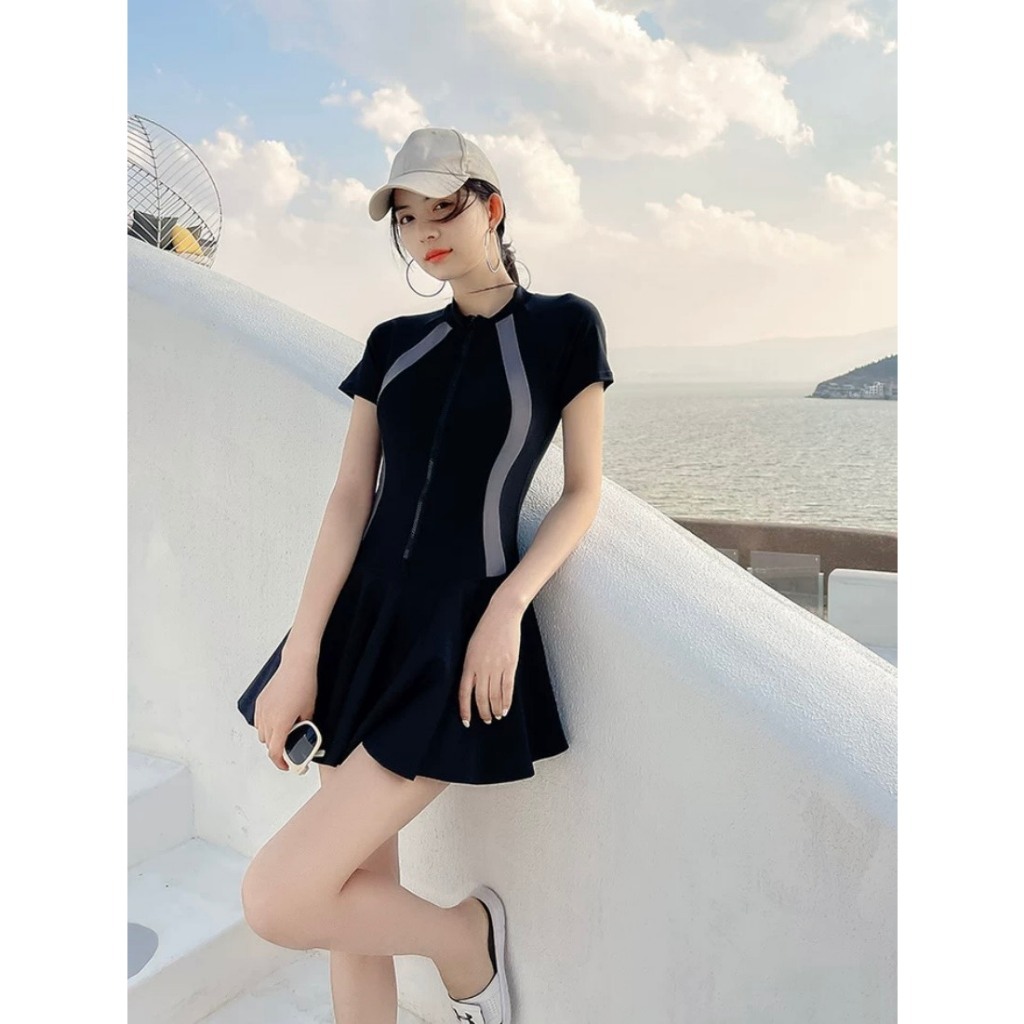 Đồ bơi nữ đi biển bikini liền thân kín đáo váy xòe tay ngắn và tay dài có khóa kéo kiểu dáng thể thao Dolphin 067 | BigBuy360 - bigbuy360.vn
