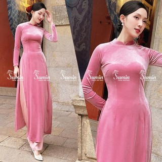 Áo dài nhung truyền thống 2 tà co giãn tốt_Áo dài truyền thống chất liệu nhung may sẵn