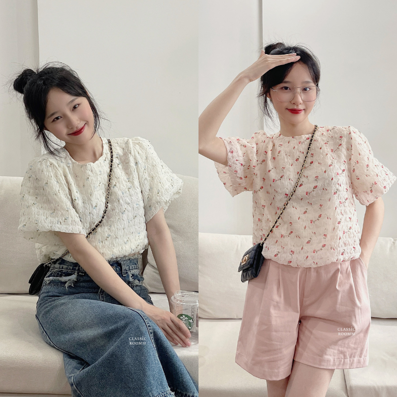 Áo voan hoa nhí tay bồng 2 lớp (không lộ bra) vải voan nhún tiểu thư siêu xinh