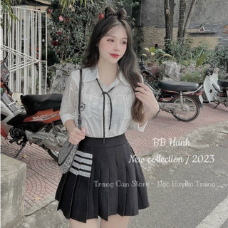 Set áo sơ mi phối dây nơ mix chân váy Thom xoè - Dunngpham