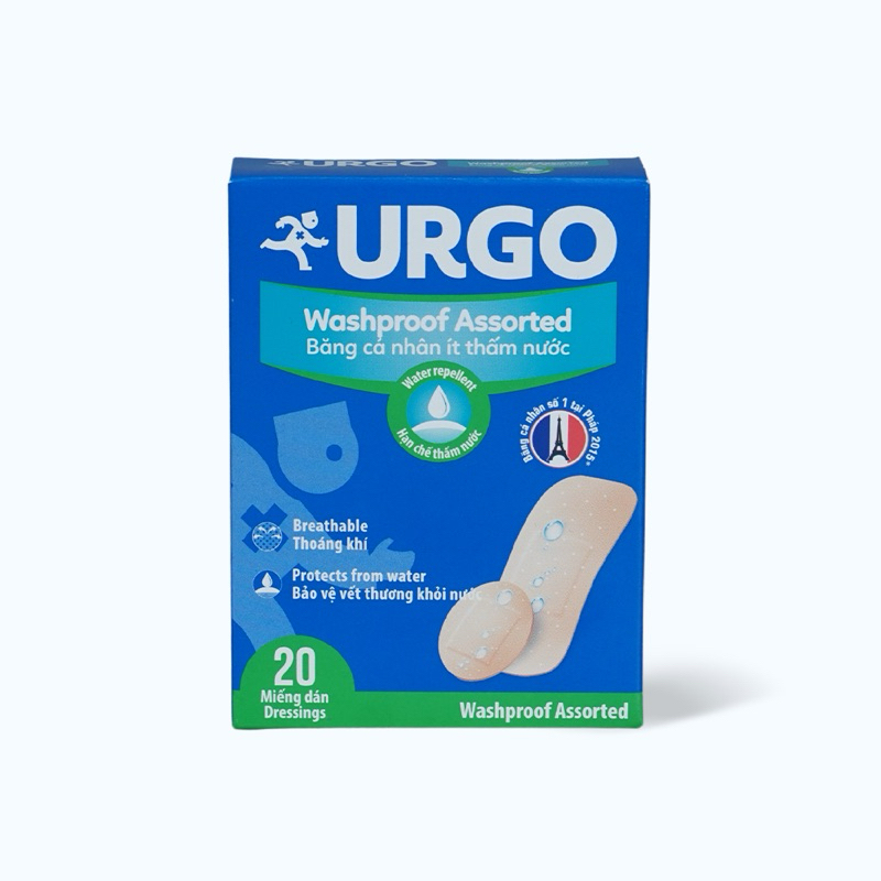 Băng cá nhân ít thấm nước Urgo Washproof Assorted (20 miếng/ hộp)