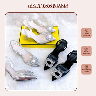  Giày cao gót nữ đế 7p mũi nhọn đính đá vuông 3 màu đen bạc kem sang chảnh H62 