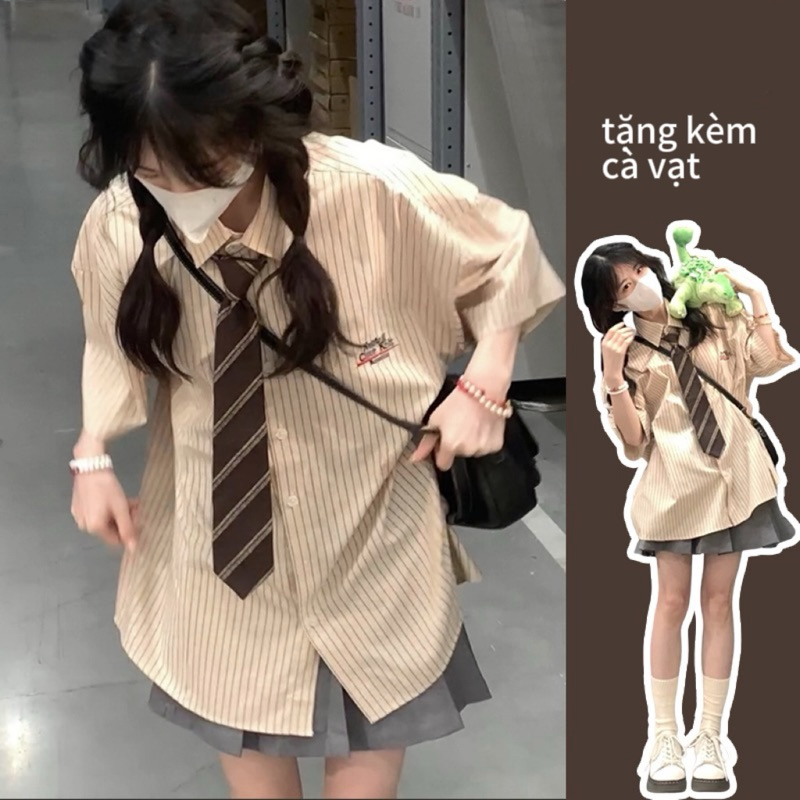 SẴN Áo sơmi ngắn tay KÈM CÀ VẠT kẻ sọc trắng nâu trà sữa siêu ngọt ngào oversize chùm mông JK Nhật Bản nữ