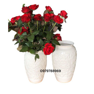 Lọ hoa trắng Bát Tràng khắc tay phù dung cắm hoa Decor