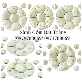 Bộ bát đĩa Bát Tràng- bát đĩa hoa mặt trời men kem hoạ tiết nhẹ nhàng