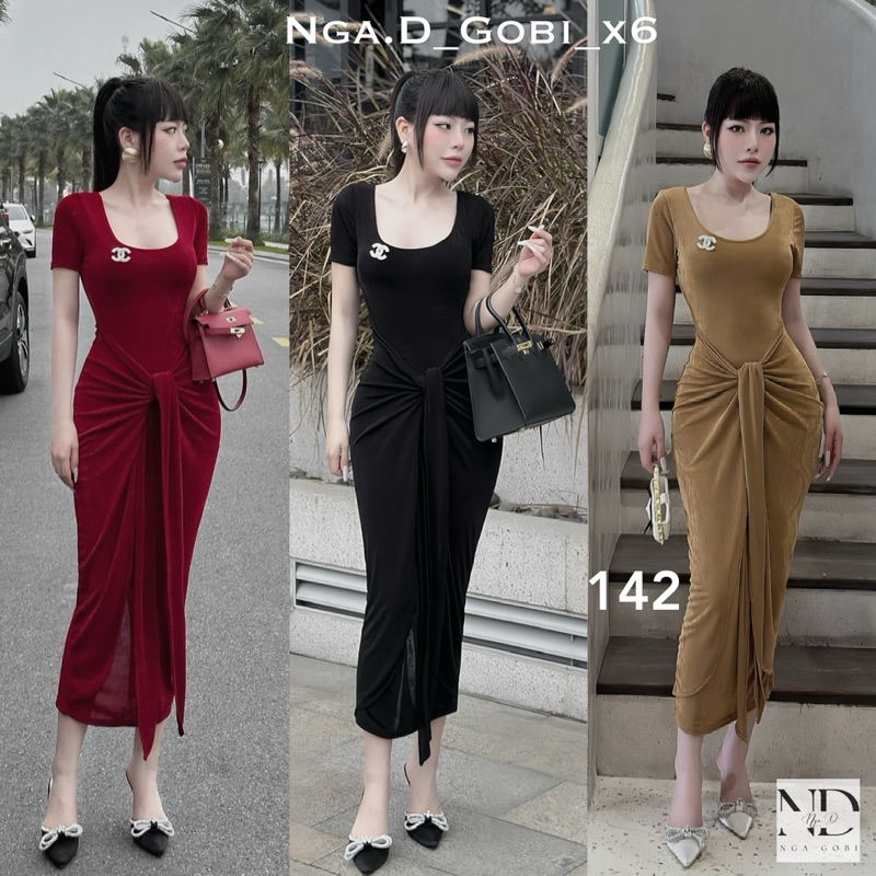 Đầm body cổ U xoắn eo vạt bụng tôn dáng lắm ạ