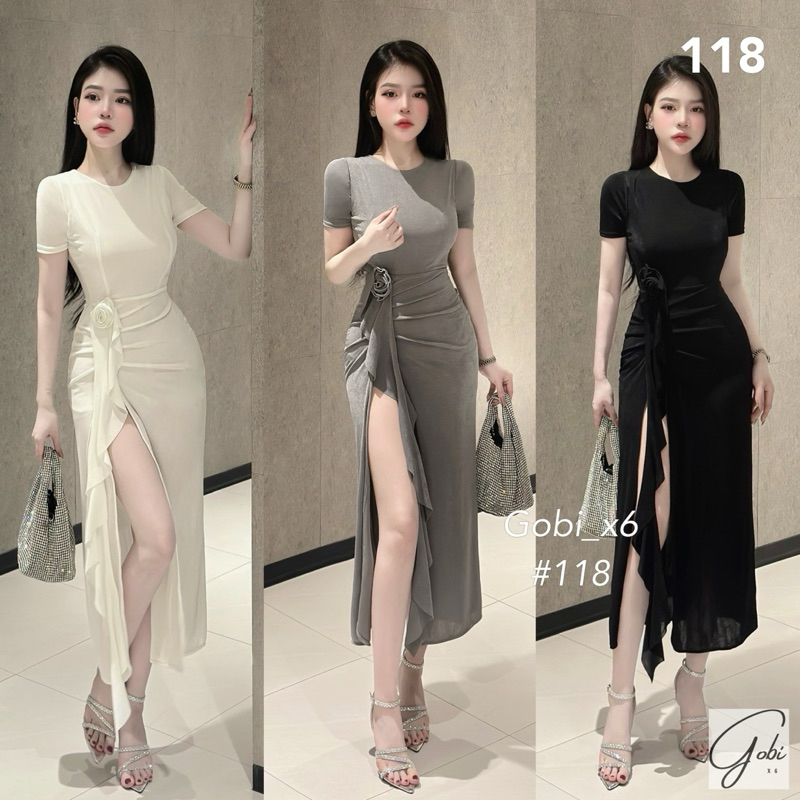 Váy body bèo vạt sẻ đùi kèm hoa siêu xinh tôn dáng lắm