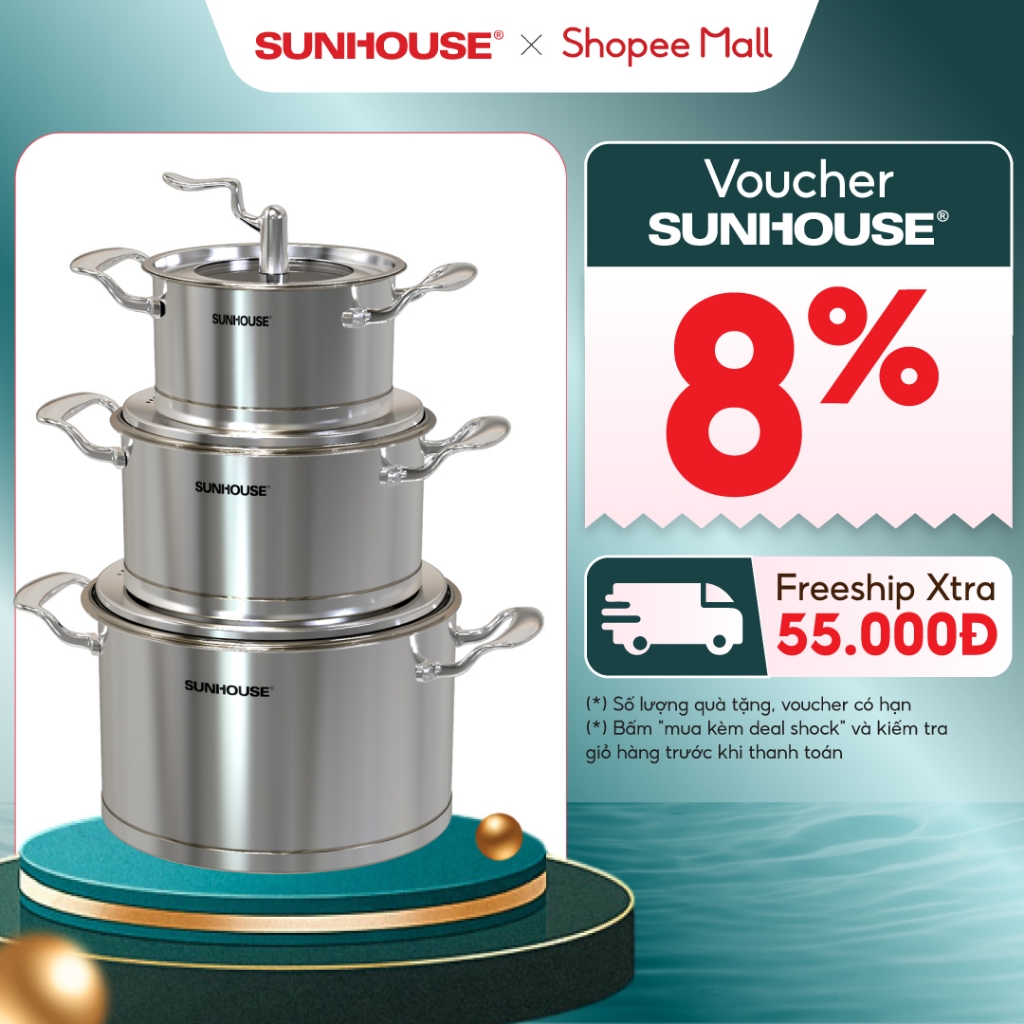 Bộ nồi inox 5 đáy SUNHOUSE SHG2503MSA - Đường kính 16cm - 20cm - 24cm - Dùng mọi loại bếp - Hàng Chính Hãng