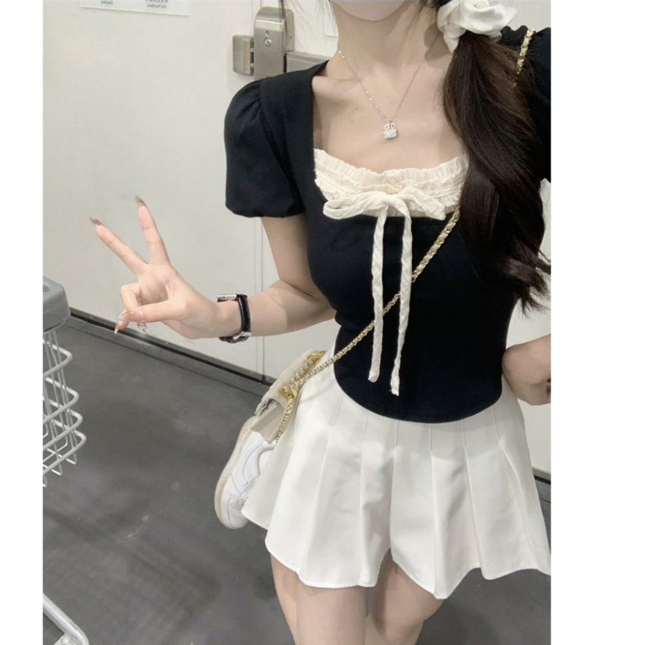 Áo thun nữ coquette dáng ngắn croptop phong cách brandy cộc tay cổ tròn đính nơ chất cotton mềm tiểu thư hàn quốc LADY | BigBuy360 - bigbuy360.vn